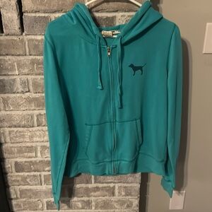Vintage PINK TTS L teal zip up hoodie small pilling on left sleeve